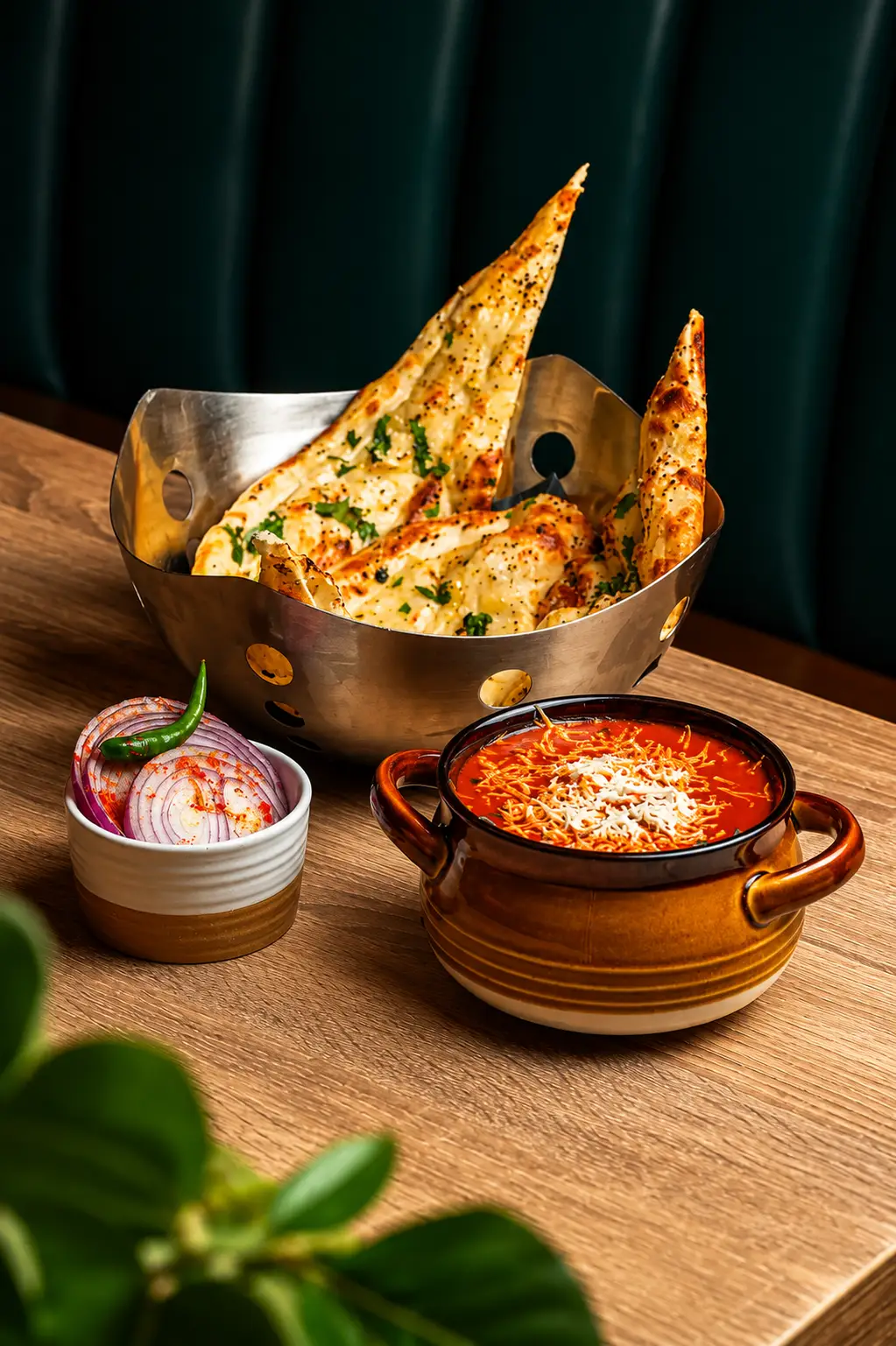 Traditional Indian dining with fresh Naan bread and a rich red curry
