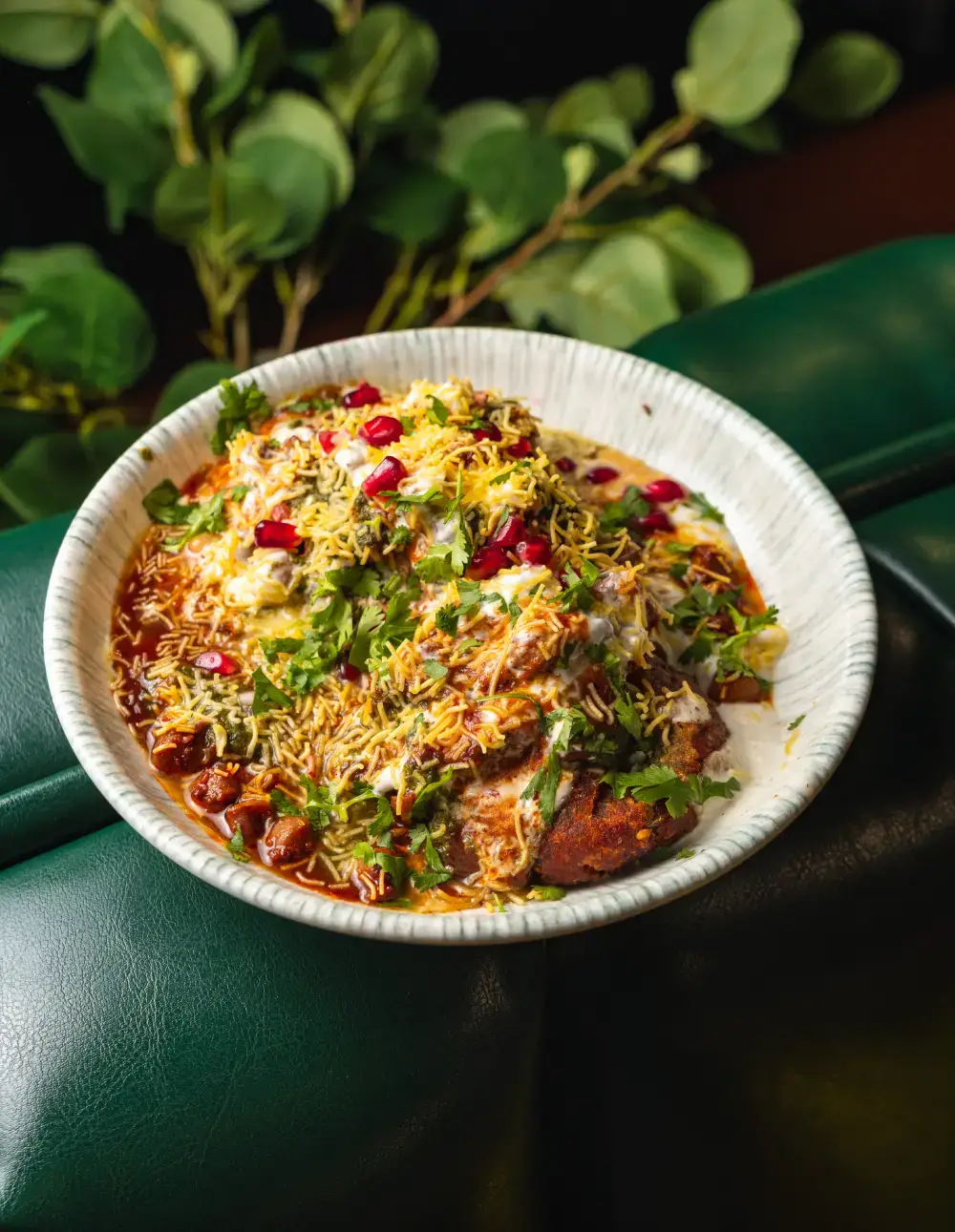Close up of delicious Indian Chaat garnished with sev and pomegranate